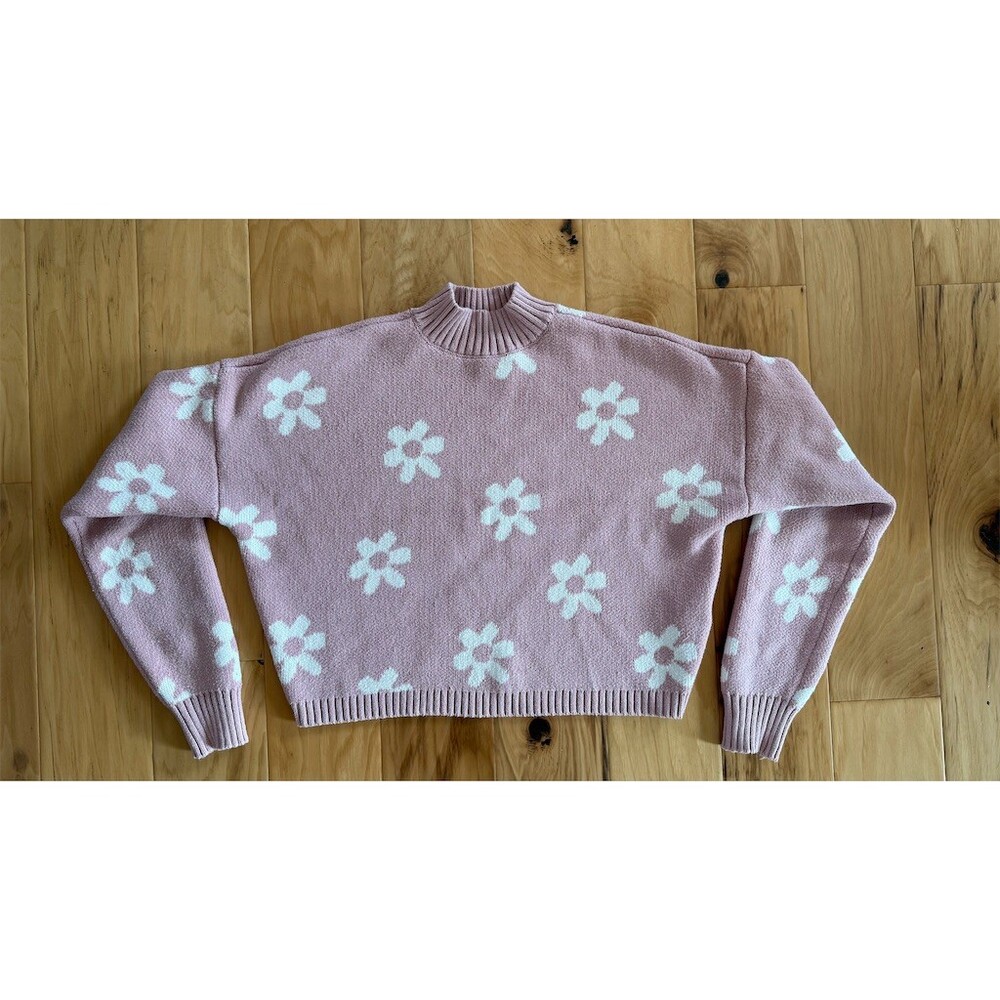 Hollister Sweater Womens Small Pink Daisy Floral Mock Neck Long Sleeve